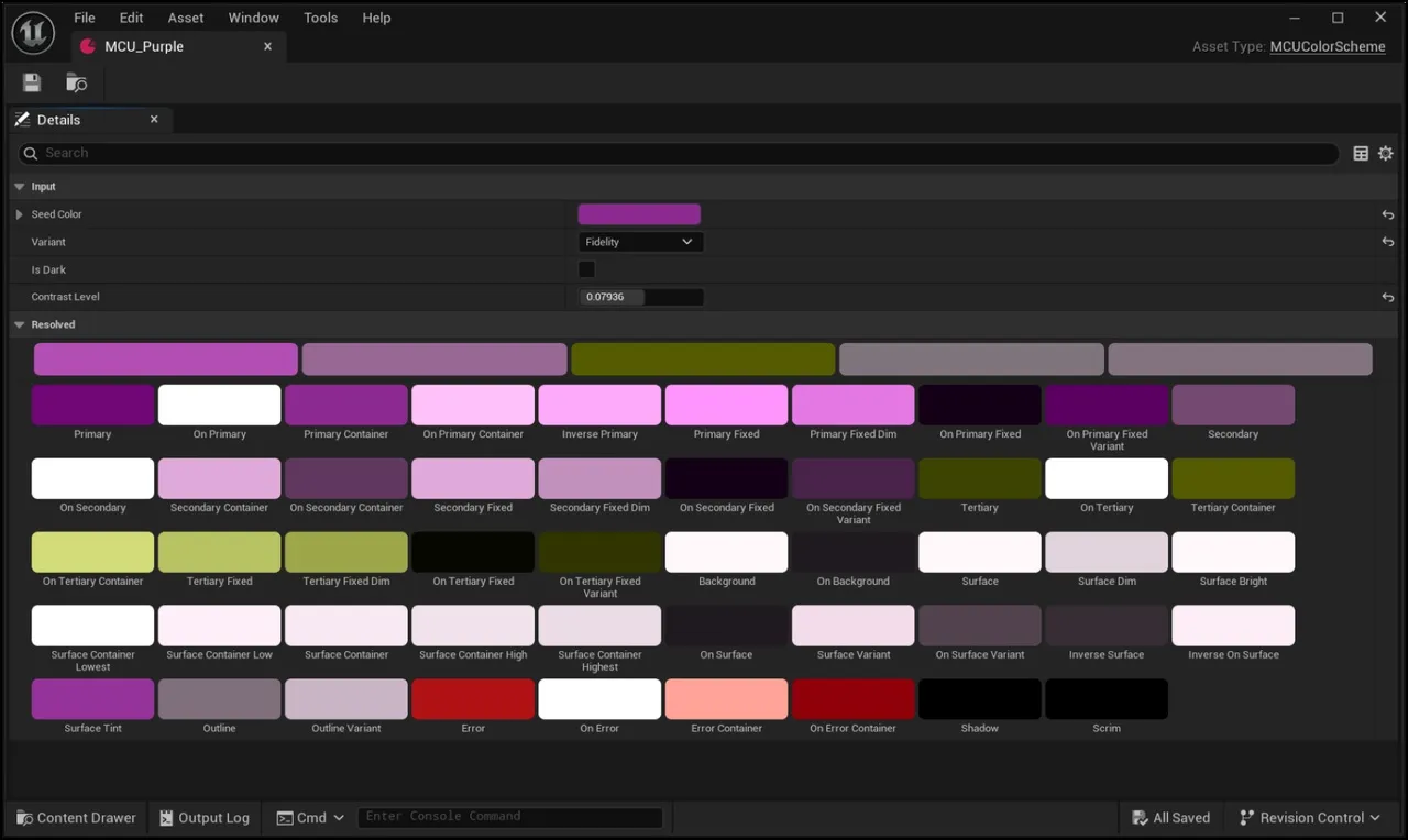 The Unreal Editor details panel for a colour scheme asset: a purple seed colour, the Fidelity variant, and the 54 resolved Material Design 3 roles below it as labelled swatches.