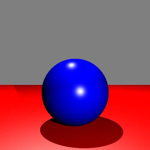 A blue sphere on a red plane against a grey background, lit by two point lights, with a hard shadow cast to the right.